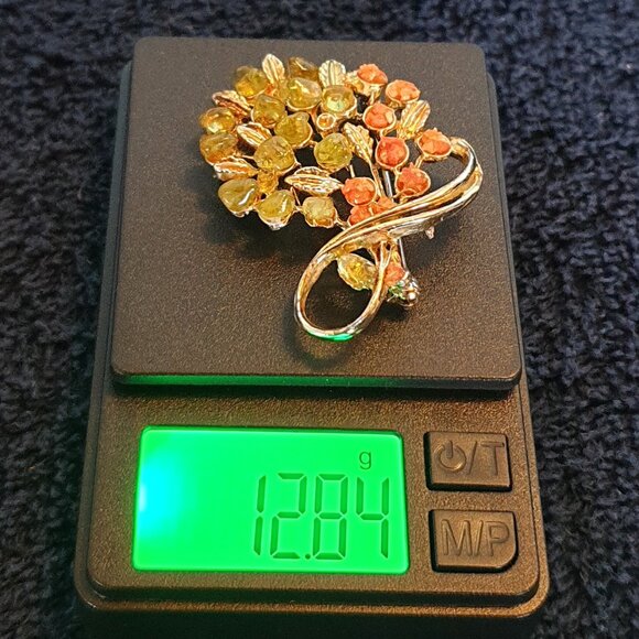 Vintage Retro Amber Gold-Tone Bouquet Floral Statement Brooch - Picture 8 of 9